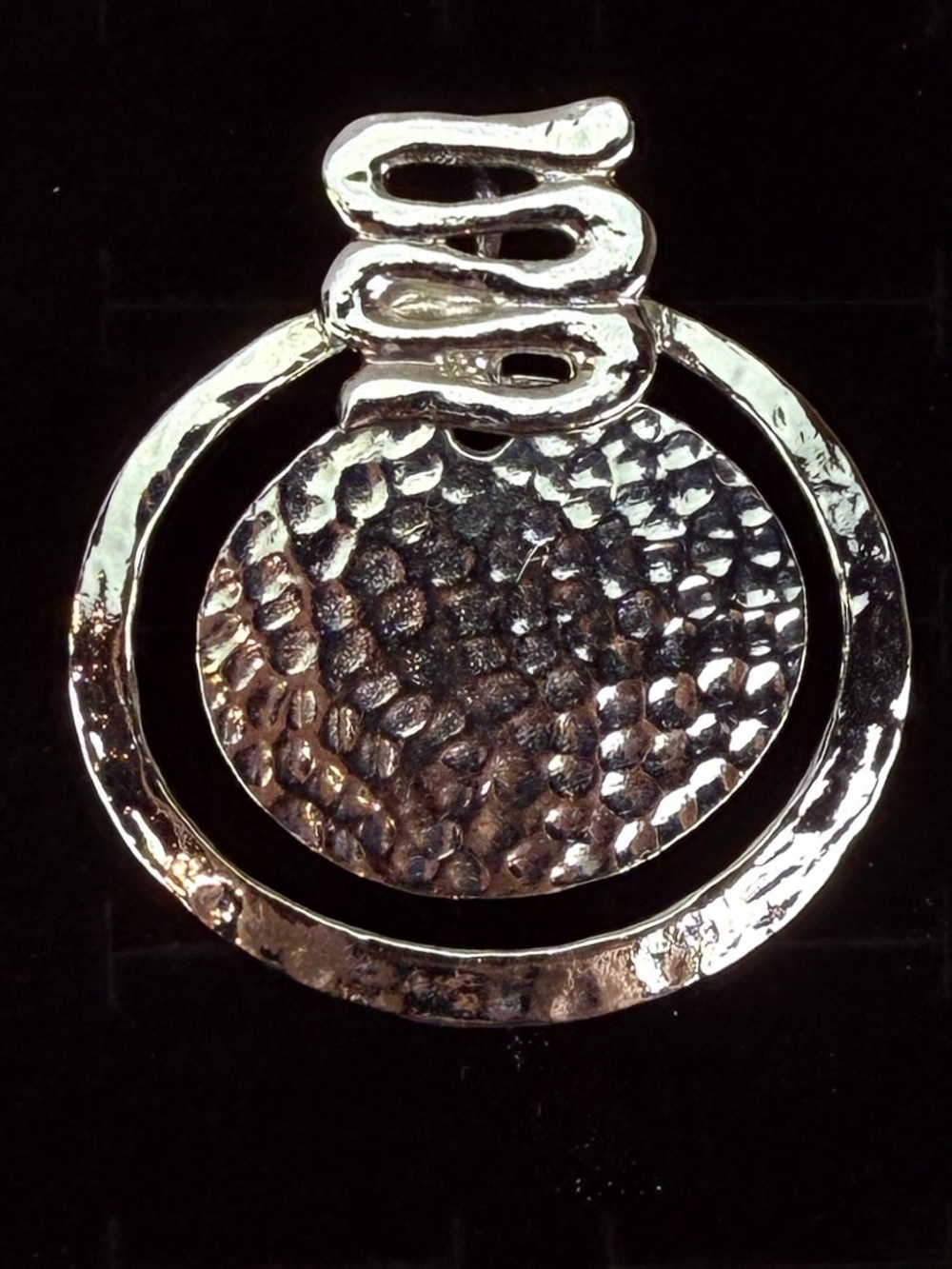 Vintage weighted hammered Silvertone pendant + 16” cord necklace